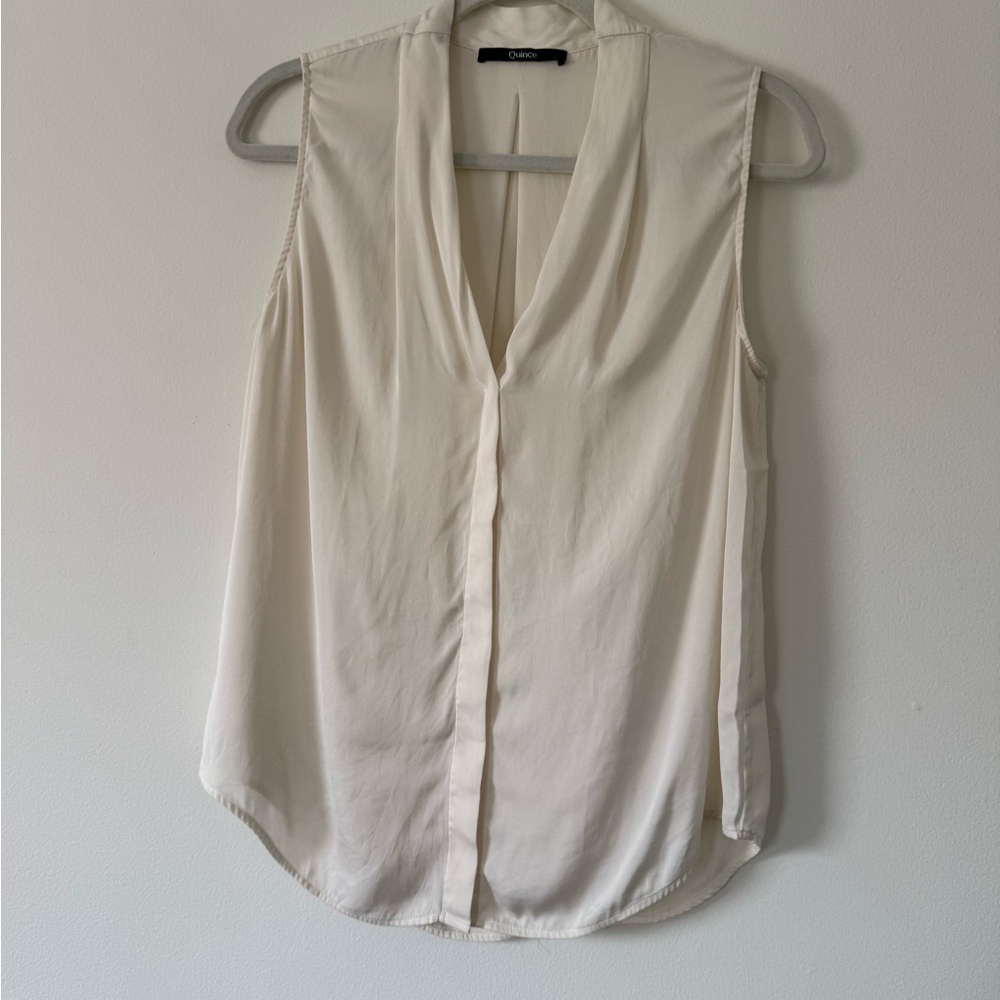 Quince Silk Sleeveless Blouse Ivory V-Neck Draped Top Size L
